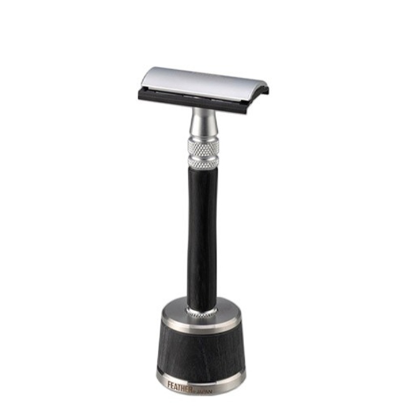 FEATHER WOOD HANDLE,STAINLESS STEEL,DOUBLE-EDGE SH.RAZOR WITH STAND