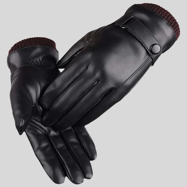 Ανδρικά δερμάτινα γάντια μαύρα με φλις επένδυση και κουμπιά