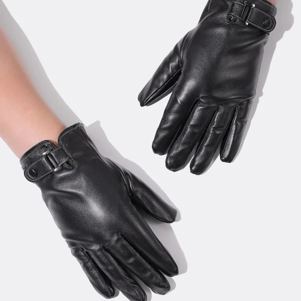 Ανδρικά δερμάτινα γάντια με μαύρο κουμπί και λουράκι