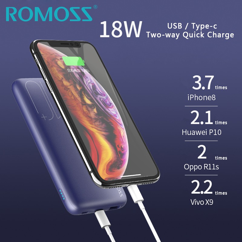 Romoss wireless blue power powerbank 10000mAh