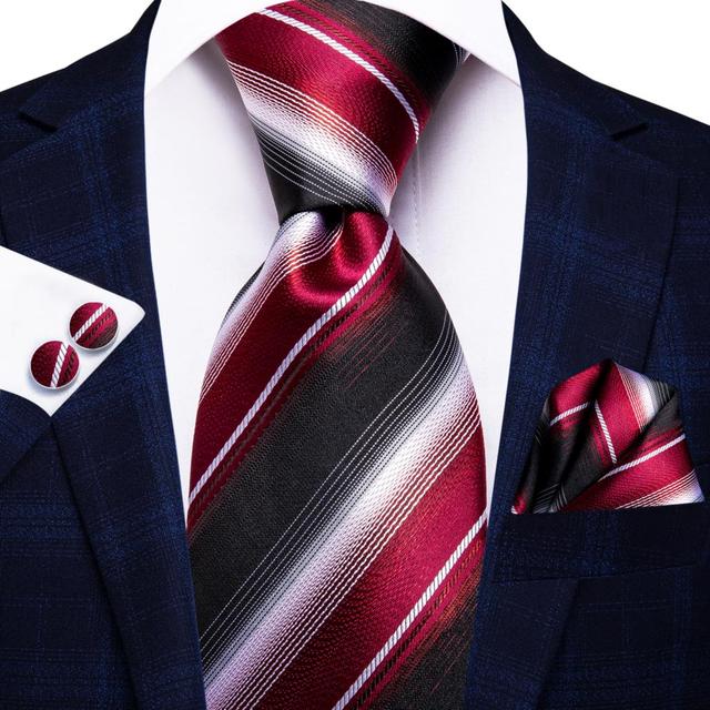 Μεταξωτή γραβάτα, μαντήλι, μανικετόκουμπα κόκκινη ρίγα