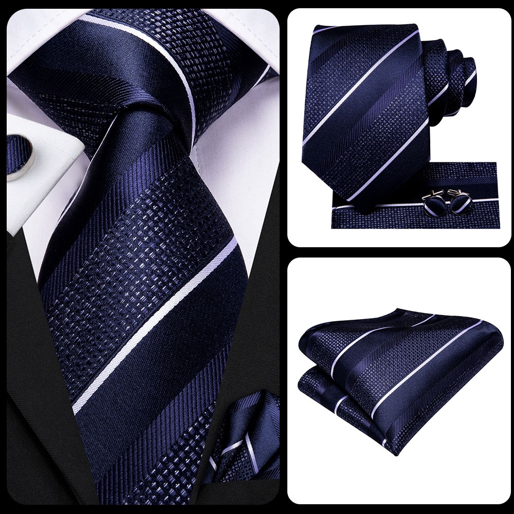 Μεταξωτή γραβάτα, μαντήλι, μανικετόκουμπα ριγέ μπλε