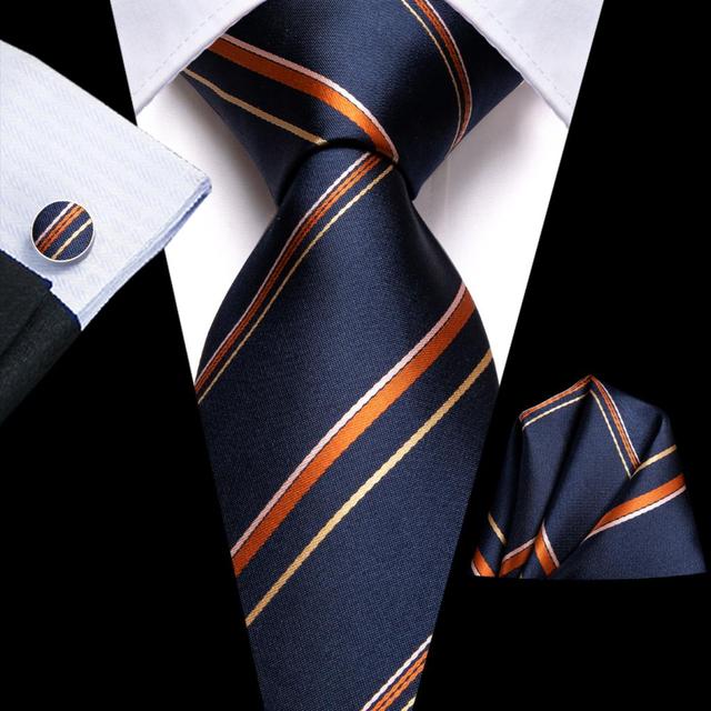 Μεταξωτή γραβάτα, μαντήλι, μανικετόκουμπα ριγέ πορτοκαλί