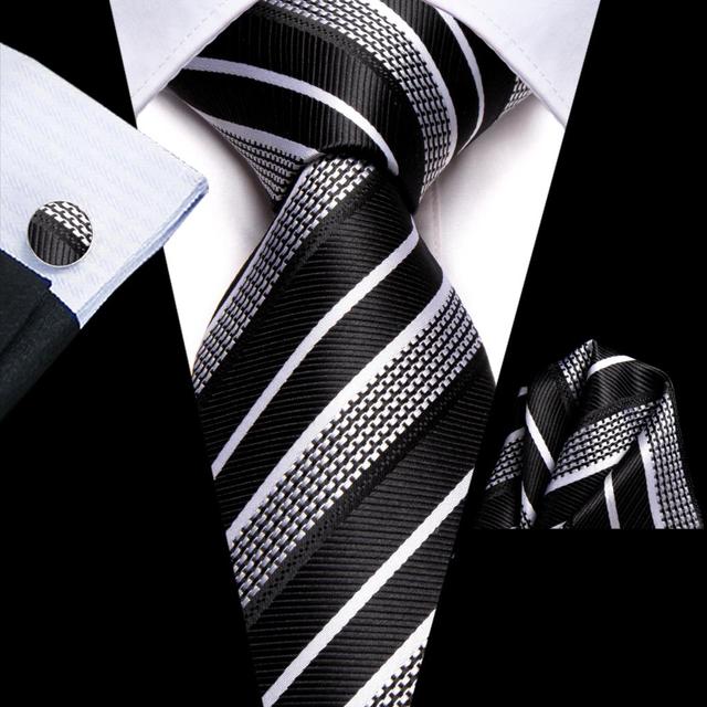 Σετ μεταξωτή γραβάτα, μαντήλι, μανικετόκουμπα μαυρόασπρη