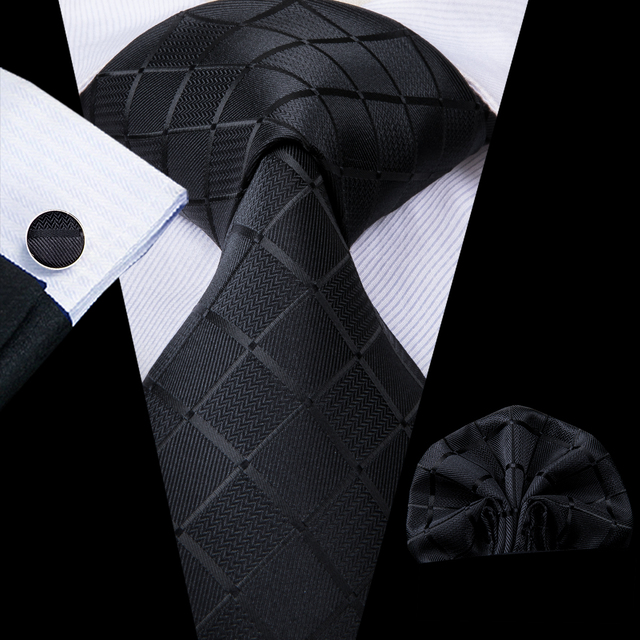 Σετ μεταξωτή γραβάτα μαντήλι μανικετόκουμπα μαύροι ρόμβοι