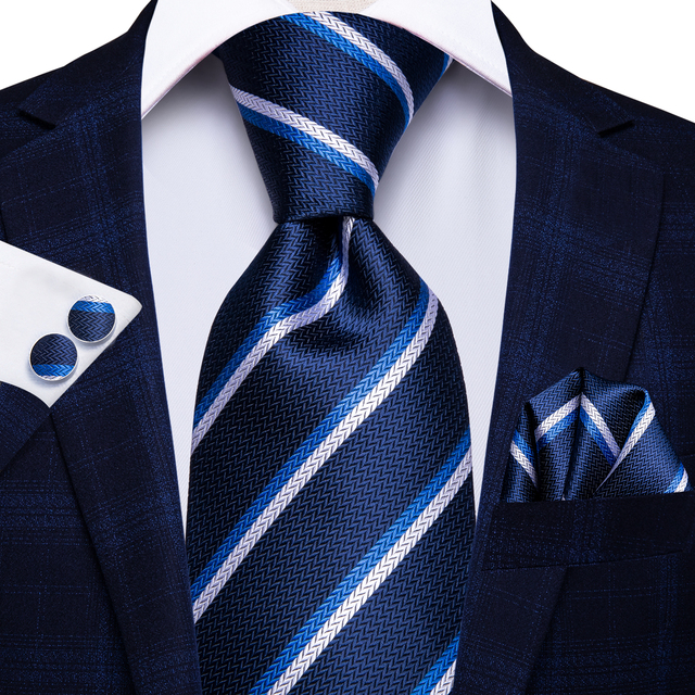 Σετ μεταξωτή γραβάτα μαντήλι μανικετόκουμπα ριγέ μπλε