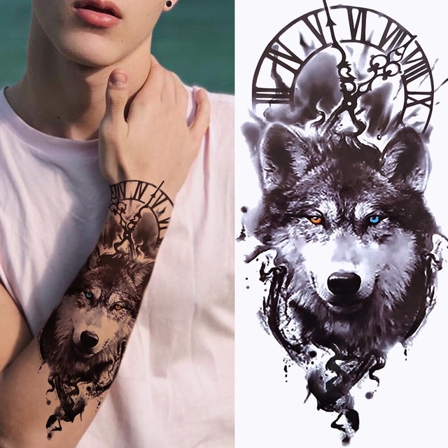 Ανδρικό αδιάβροχο προσωρινό τατουάζ μανίκι Λύκος-Ρολόι