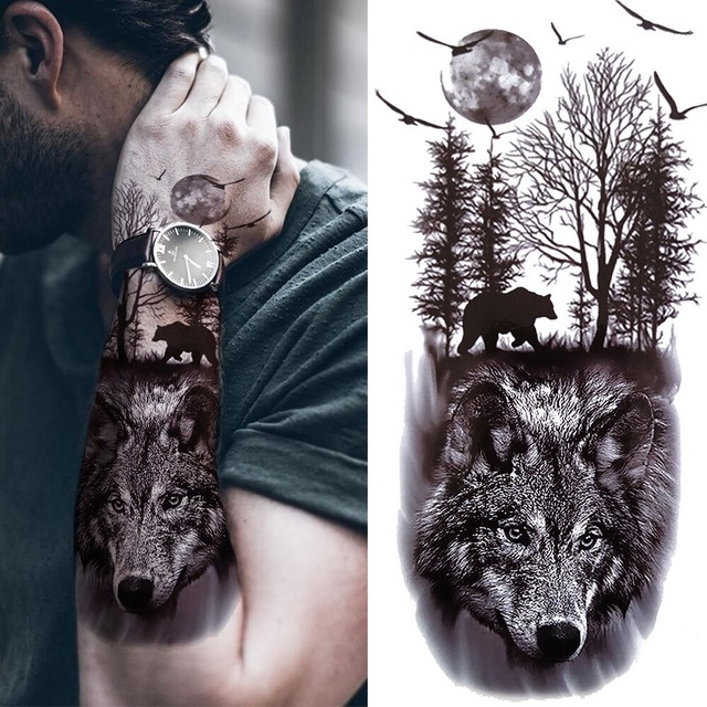 Ανδρικό αδιάβροχο προσωρινό τατουάζ μανίκι Λύκος-Αρκούδα