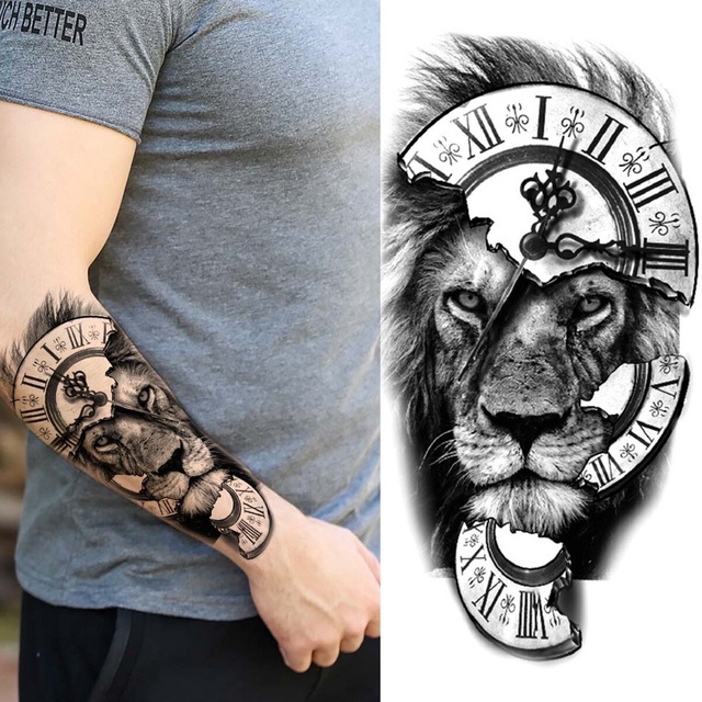 Ανδρικό αδιάβροχο προσωρινό τατουάζ μανίκι Λιοντάρι-Ρολόι