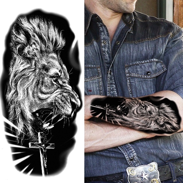 Ανδρικό αδιάβροχο προσωρινό τατουάζ μανίκι Λιοντάρι-Σταυρός