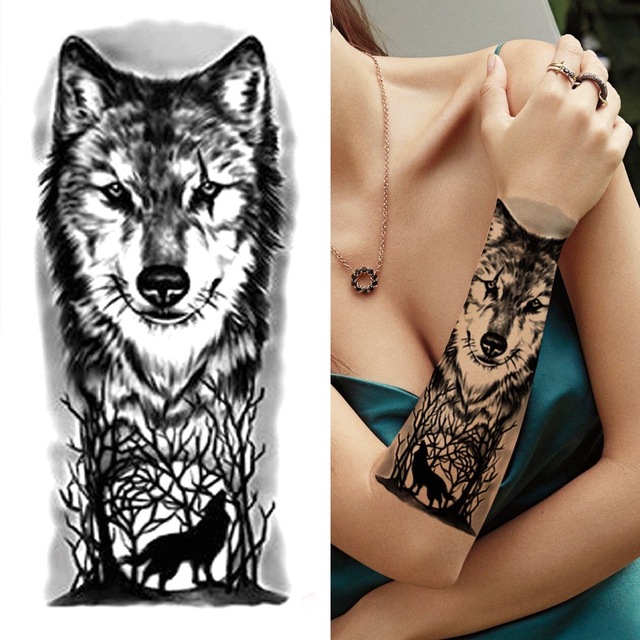 Ανδρικό αδιάβροχο προσωρινό τατουάζ μανίκι Λύκος-Δάσος