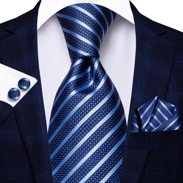 Σετ μεταξωτή γραβάτα μαντήλι μανικετόκουμπα ριγέ μπλε-θαλασσί