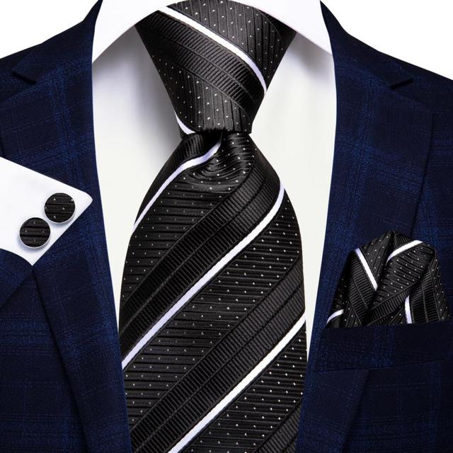 Σετ μεταξωτή γραβάτα μαντήλι μανικετόκουμπα ριγέ λευκό-μαύρο