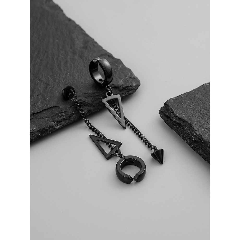 Ανδρικά σκουλαρίκια POP τρίγωνα με αλυσίδα μαύρα