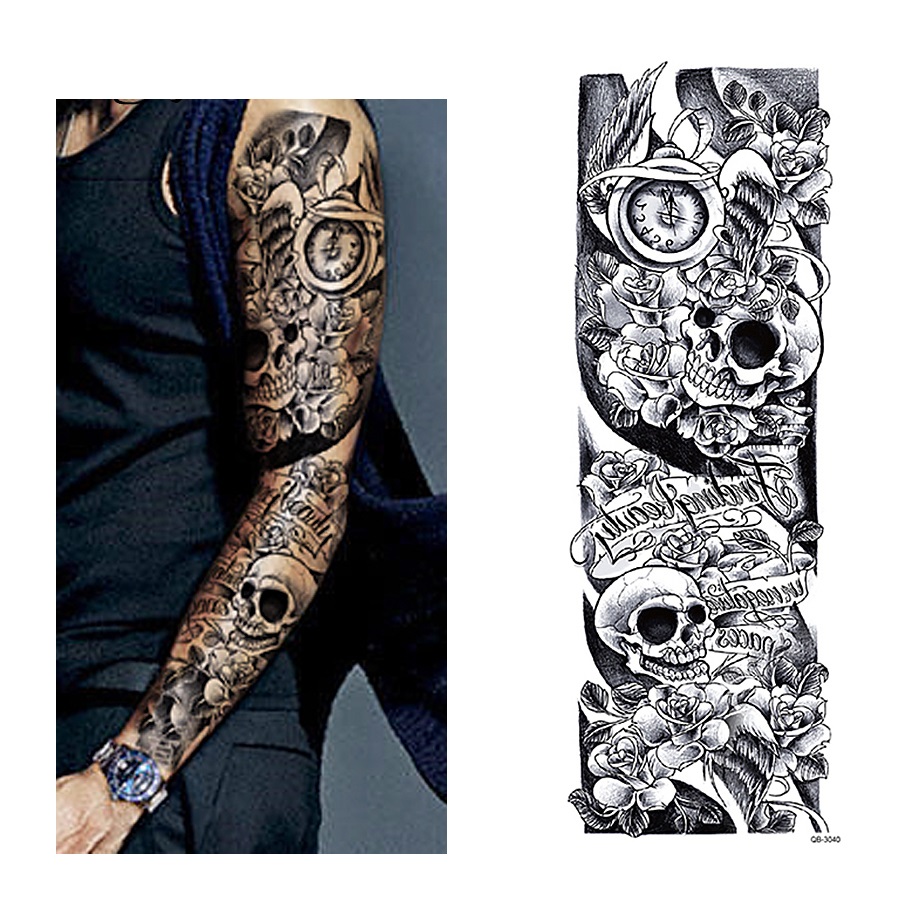 Ανδρικό αδιάβροχο προσωρινό τατουάζ clock&skull&roses