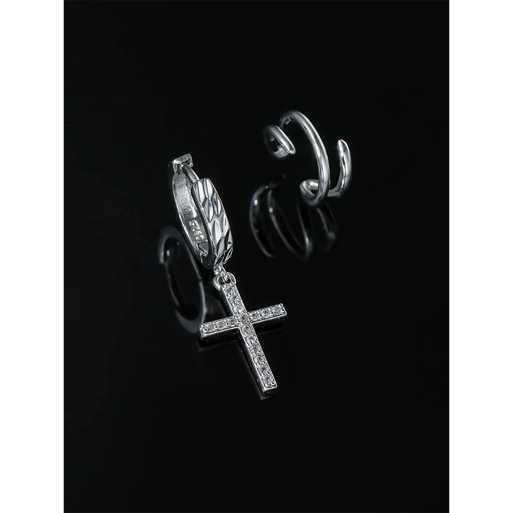 Διπλό Ανδρικό σκουλαρίκι σταυρός με στρας