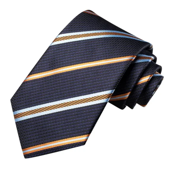 Σετ μεταξωτή γραβάτα μαντήλι μανικετόκουμπα ριγέ πορτοκαλί-μπλε-γαλάζιο