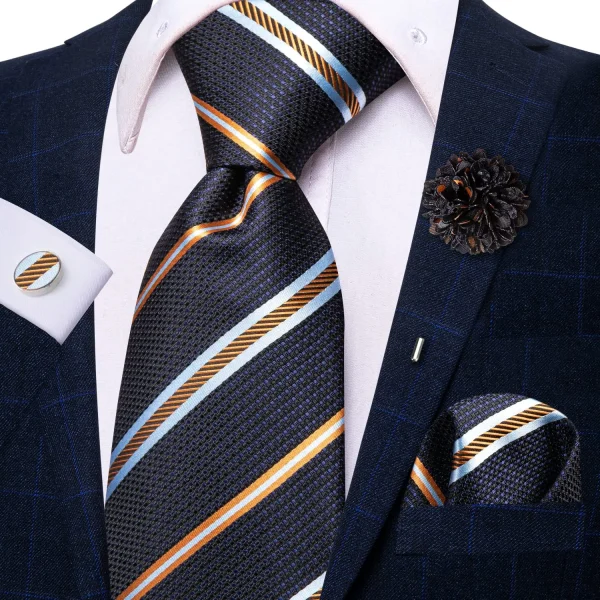 Σετ μεταξωτή γραβάτα μαντήλι μανικετόκουμπα ριγέ πορτοκαλί-μπλε-γαλάζιο