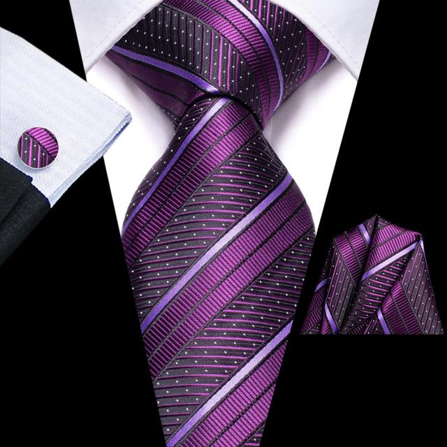 Σετ μεταξωτή γραβάτα μαντήλι μανικετόκουμπα ριγέ purple
