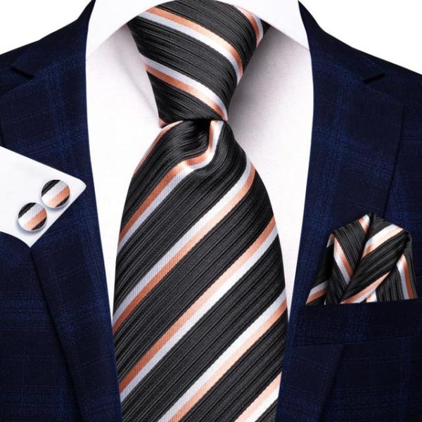 Σετ μεταξωτή γραβάτα μαντήλι μανικετόκουμπα ριγέ πορτοκαλί-μαύρο