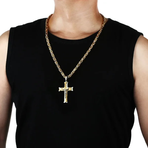 Ανδρικό κολιέ μοντέρνος σταυρός ατσάλινος χρυσαφί-ασημί Jesus