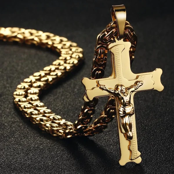 Ανδρικό κολιέ μοντέρνος σταυρός ατσάλινος χρυσαφί Jesus