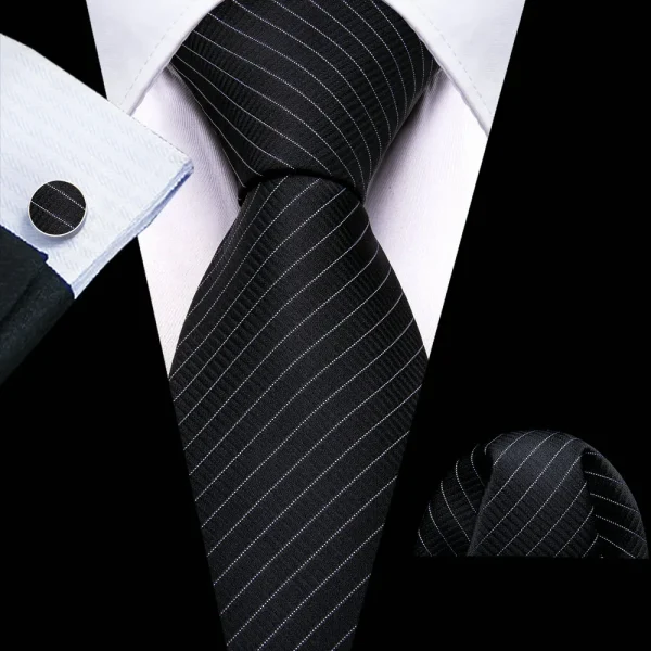 Σετ μεταξωτή γραβάτα μαντήλι μανικ/κουμπα μαύρη με άσπρη ρίγα