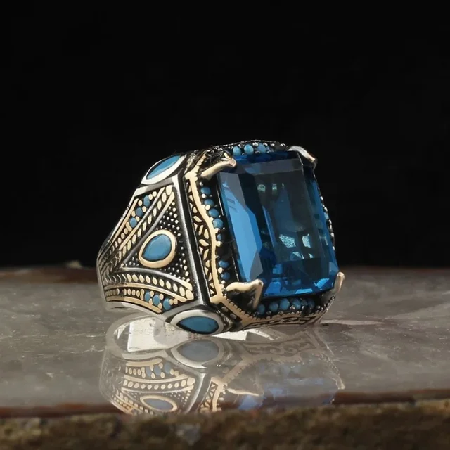 Ανδρικό δαχτυλίδι ασημί χρυσαφί με γαλάζια πέτρα