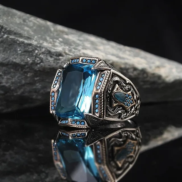 Ανδρικό δαχτυλίδι ασημί με γαλάζια πέτρα