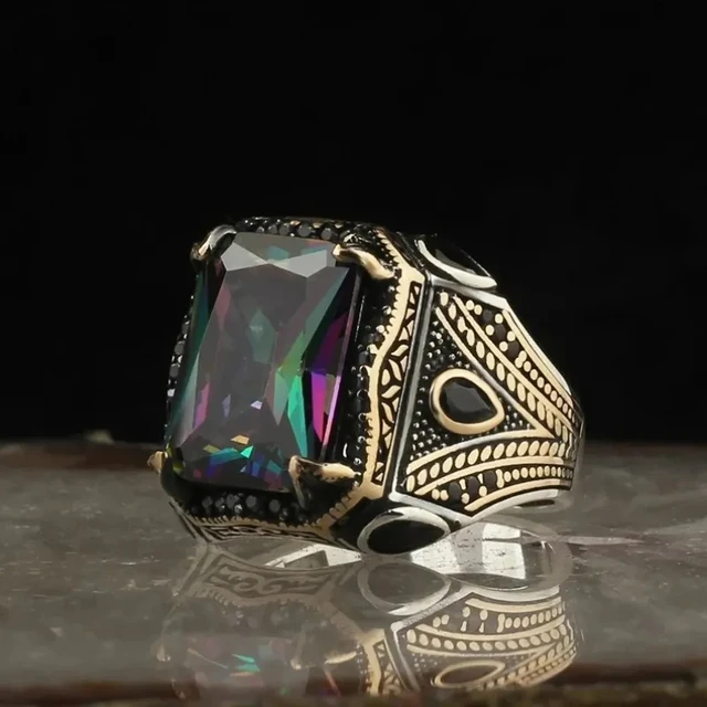Ανδρικό δαχτυλίδι ασημί χρυσαφί με πολύχρωμη πέτρα