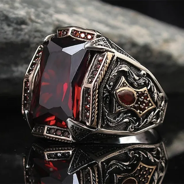 Ανδρικό δαχτυλίδι ασημί με κόκκινη πέτρα