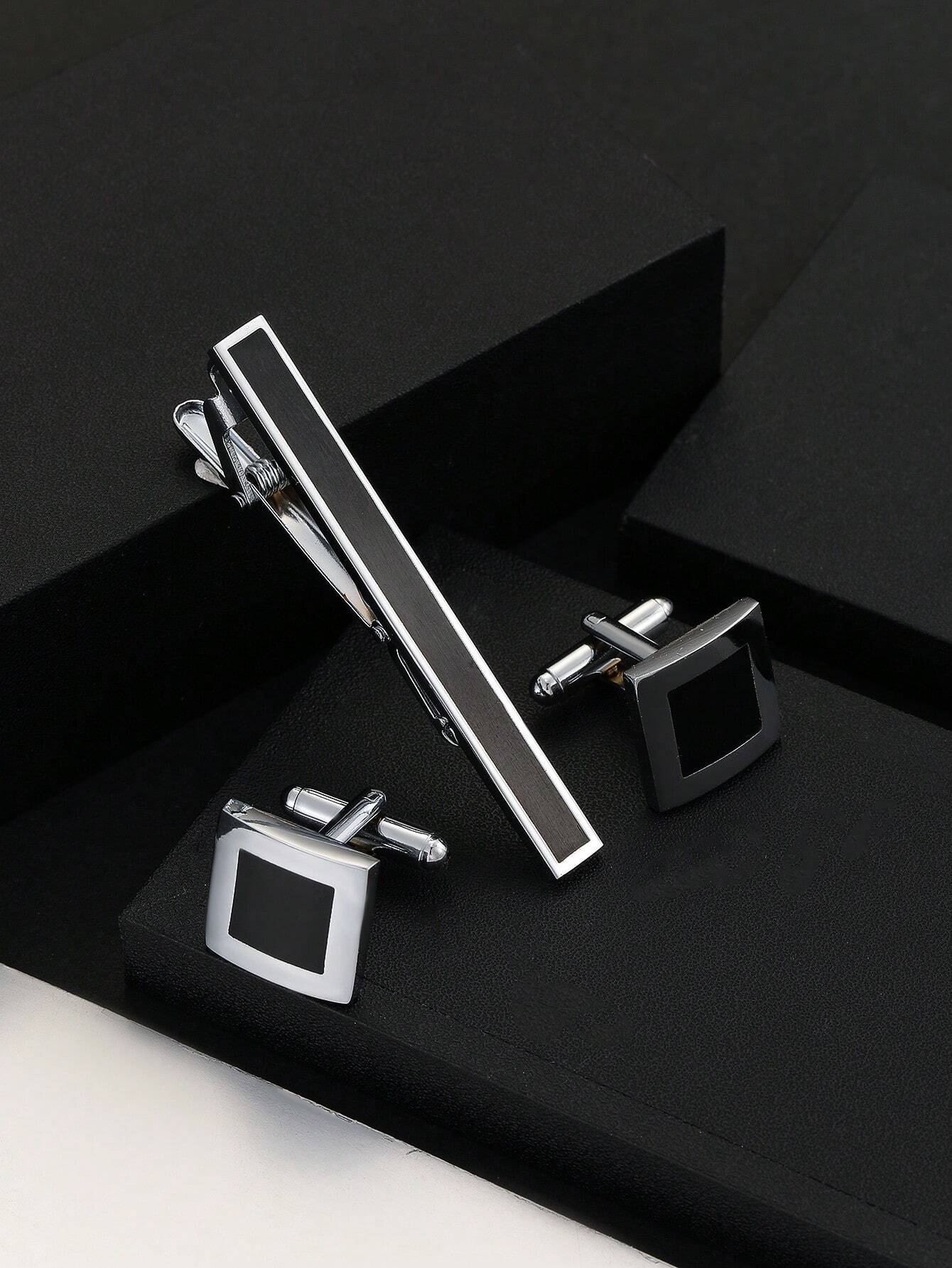 Σετ κλιπ γραβάτας - μανικετόκουμπα ασημί με μαύρη λεπτομέρεια ΙΙΙ