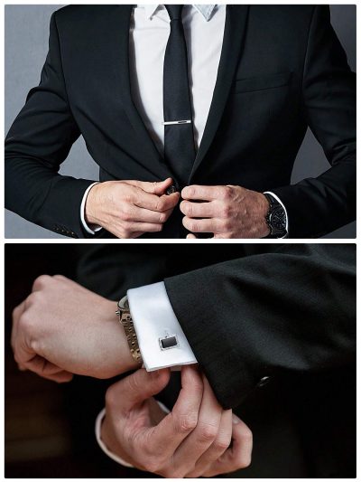 Σετ κλιπ γραβάτας - μανικετόκουμπα ασημί με μαύρη λεπτομέρεια