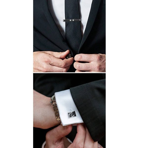 Σετ κλιπ γραβάτας - μανικετόκουμπα ασημί με μαύρη λεπτομέρεια ΙΙ
