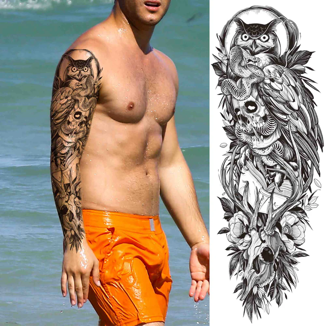 Ανδρικό αδιάβροχο προσωρινό τατουάζ owl-snake